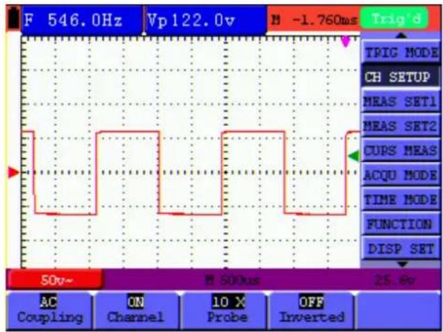 F 546.0Hz Vp122.0v M -1.760ms Trig'd TRIG MODE CH SETUP MEAS SET1 MEAS SET2 CUPS MEAS ACQU MODE TIME MODE FUNCTION DISP SET 50v~ M 50Vms 25.6v AC ON 10 X OFF Coupling Channel Probe Inverted
