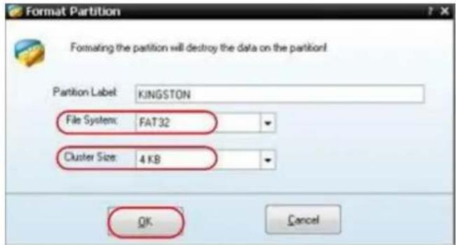 Format Partition Formatting the partition will destroy the data on the partition! Partition Label: KINGSTON File System: FAT32 Cluster Size: 4 KB OK Cancel