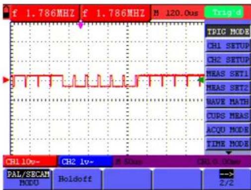 f 1.786MHZ f 1.786MHZ M 120.0us Trig d TPIC MODE CH1 SETUP CH2 SETUP MEAS SET1 MEAS SET2 HAVE MATH CUPS MEAS ACQU MODE TIME MODE CH1 10v~ CH2 1v~ M 50us CH1 0.00m PAL/SECAN MODE Buildoff 2/2