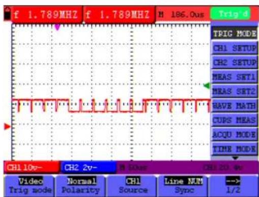 f 1.789MHZ f 1.789MHZ M 186.0us Trig d TRIG MODE CH1 SETUP CH2 SETUP MEAS SET1 MEAS SET2 HAVE MATH CUPS MEAS ACQU MODE TIME MODE CH1 10v- CH2 2v- N 50us CHI 20.4w Video Normal CH1 Line NUM --> Trig mode Polarity Source Sync 1/2