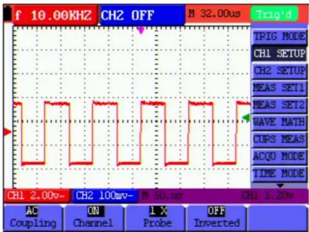 f 10.00KHZ CH2 OFF N 32.00us Trig'd TRIG MODE CH1 SETUP CH2 SETUP MEAS SET1 MEAS SET2 WAVE MATH CURS MEAS ACQU MODE TIME MODE CH1 2.00v- CH2 100mv- N 50.00s CH1 1.20v AC Coupling ON Channel 1 X Probe OFF Inverted