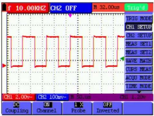 f 10.00KHZ CH2 OFF N 32.00us Trig'd TRIG MODE CH1 SETUP CH2 SETUP MEAS SET1 MEAS SET2 WAVE MATH CURS MEAS ACQU MODE TIME MODE CH1 2.00v- CH2 100mv- N 50.0s CH1 1.20v DC Coupling ON Channel I X Probe OFF Inverted