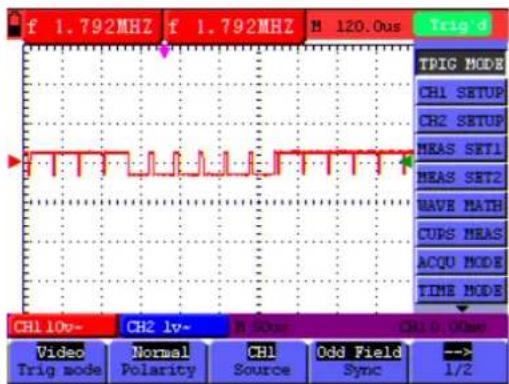 f 1.792MHZ f 1.792MHZ M 120.0us Trig d TRIG MODE CH1 SETUP CH2 SETUP MEAS SET1 MEAS SET2 HAVE MATH CUPS MEAS ACQU MODE TIME MODE CH1 10p- CH2 ly- M SOUR CH1 0.000ns Video Normal CH1 Odd Field -->-- Trig mode Polarity Source Sync 1/2