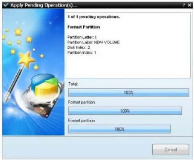 Apply Pending Operation(s)... 1 of 1 pending operations. Format Partition Partition Letter: 1 Partition Label: NEW VOLUME Disk Index: 2 Partition Index: 1 Total: 100% Format partition: 100% Format partition: 100% Cancel