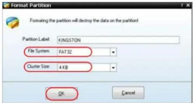 Format Partition Formatting the partition will destroy the data on the partition! Partition Label: KINGSTON File System: FAT32 Cluster Size: 4 KB OK Cancel