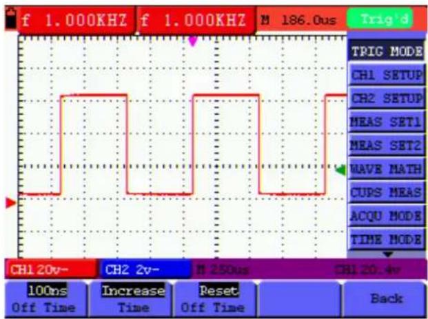 f 1.000KHZ f 1.000KHZ M 186.0us Trig'd TRIG MODE CH1 SETUP CH2 SETUP MEAS SET1 MEAS SET2 MAVE MATH CUPS MEAS ACQU MODE TIME MODE CH1 20v- CH2 2v- N 250us CH1 20.4v 100ns Increase Reset Back Off Time Off Time Back