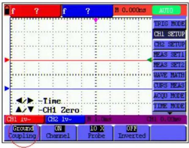 f ? f ? M 0.000ns AUTO TRIG MODE CH1 SETUP CH2 SETUP MEAS SET1 MEAS SET2 WAVE MATH CURS MEAS ACQU MODE TIME MODE -Time -CH1 Zero CH1 lv~ CH2 lv~ N 1.0ms CH1 0.00ms Ground ON 10 X OFF Coupling Channel Probe Inverted