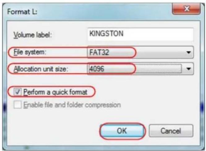 Format L: Volume label: KINGSTON File system: FAT32 Allocation unit size: 4096 ✓ Perform a quick format Enable file and folder compression OK Cancel