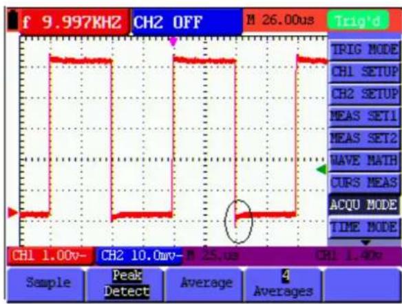 f 9.997KHZ CH2 OFF M 26.00us Trig'd TRIG MODE CH1 SETUP CH2 SETUP MEAS SET1 MEAS SET2 WAVE MATH CURS MEAS ACQU MODE TIME MODE CH1 1.00v- CH2 10.0mv- M 25.us CH1 1.40v Sample Peak Detect Average 4 Averages