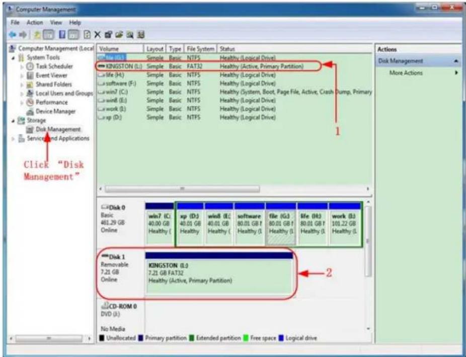 Computer Management File Action View Help Computer Management (Local System Tools Task Scheduler Event Viewer Shared Folders Local Users and Groups Performance Device Manager Storage Disk Management Service and Applications Click "Disk Management" Volume Layout Type File System Status Win (1): Simple Basic NTFS Healthy (Logical Drive) KINGSTON (L): Simple Basic FAT32 Healthy (Active, Primary Partition) Life (H): Simple Basic NTFS Healthy (Logical Drive) software (F): Simple Basic NTFS Healthy (Logical Drive) win7 (C): Simple Basic NTFS Healthy (System, Boot, Page File, Active, Crash Dump, Primary win8 (E): Simple Basic NTFS Healthy (Logical Drive) work (L): Simple Basic NTFS Healthy (Logical Drive) xp (D): Simple Basic NTFS Healthy (Logical Drive) Disk 0 Basic 401.29 GB Online win7 (C): xp (D): win8 (E): software file (G): life (H) work (I) 40.00 GB 40.01 GB 40.01 GB 80.01 GB 80.01 GB 101.22 GB Healthy (C) Healthy (C) Healthy (C) Healthy (C) Healthy (C) Disk 1 Removable KINGSTON (L): 7.21 GB FAT32 Healthy (Active, Primary Partition) CD-ROM 0 DVD (L) No Media Unallocated Primary partition Extended partition Free space Logical drive Actions Disk Management More Actions