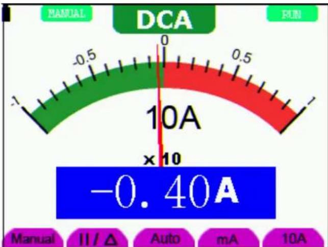 DCA -1 0 0.5 -1 10A ×10 -0.40A Manual II/Δ Auto mA 10A