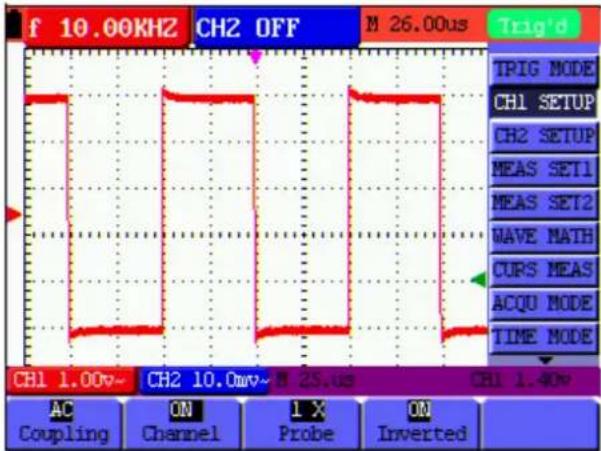 f 10.00KHZ CH2 OFF M 26.00us Trig'd TPIG MODE CH1 SETUP CH2 SETUP MEAS SET1 MEAS SET2 WAVE MATH CURS MEAS ACQU MODE TIME MODE CH1 1.00v~ CH2 10.0mv~ M 25.μs CH1 1.40v AC ON Channel 1 X ON Probe Inverted