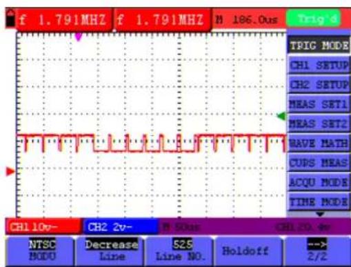 £ 1.791MHZ £ 1.791MHZ N 186.0us Trig'd TRIC MODE CH1 SETUP CH2 SETUP MEAS SET1 MEAS SET2 HAVE MATH CUPS MEAS ACQU MODE TIME MODE CH1 10v- CH2 2v- N 50ms CH1 20.4w NTSC Decrease 525 Holdoff ---> 2/2 MODO Line Line NO.