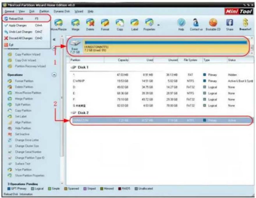 MiniTool Partition Wizard Home Edition v8.0 General View Disk Partition Dynamic Disk Wizard Help Reload Disk F5 Apply Changes Ctrl+A Undo Last Changes Ctrl+Z Discard All Changes Ctrl+O Egl Copy Partition Wizard Copy Disk Wizard Partition Recovery Wizard Basic 7.21 GB KINGSTON(NTFS) 7.2 GB (Used OR) Operations Format Partition Delete Partition Move/Replace Partition Merge Partition Split Partition Copy Partition Set Label Align Partition Hide Partition Set Inactive Change Drive Letter Change Cluster Size Change Serial Number Change Partition Type ID Surface Text Viper Partition Show Partition Properties 3 Operations Pending GPT/Primary Logical Simple Spanned Striped Harvest RAIDS Unallocated Disk 1 47.03 MB 8.91 MB 30.13 MB FAT Primary Hidden CWSP-P 19.53 GB 14.51 GB 5.02 GB NTFS Primary Active & Boot & Syndt D: 49.02 GB 34.75 GB 14.27 GB FAT32 Logical None E: 68.36 GB 39.39 GB 28.97 GB NTFS Logical None F: 79.10 GB 49.72 GB 29.38 GB FAT32 Logical None G: 82.03 GB 4.03 GB 78.00 GB FAT32 Logical None Disk 2 C:\MSETON 7.21 MB NTFS\MB 7.19 GB ATFS Primary Accounting
