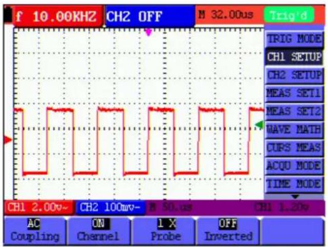 f 10.00KHZ CH2 OFF M 32.00us Trig'd TRIG MODE CH1 SETUP CH2 SETUP MEAS SET1 MEAS SET2 WAVE MATH CURS MEAS ACQU MODE TIME MODE CH1 2.00v~ CH2 100mv~ N 50.0s CH1 1.20v AC Coupling ON Channel 1 X Probe OFF Inverted