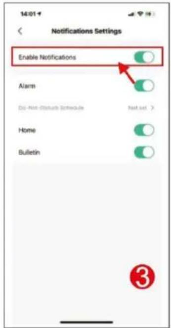 14:01 Notifications Settings Enable Notifications Alarm Dis-Net-Distinct Schedule Next set > Home Bulletin ③