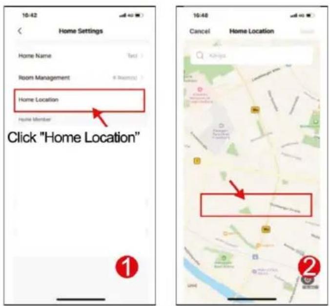 Home Settings Home Name Text Room Management 8 Room(s) Home Location Home Member Click "Home Location" 1 10:42 Home Location Cancel Home Location ① ②