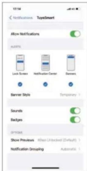 17:54 Notifications TuyaSmart Allow Notifications AUDITS Lock Screen Notification Center Banner Banner Style Temporary Sounds Badges OPTION Show Previews When Unlocked (Default) Notification Grouping Automatic