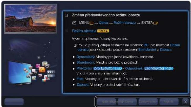 Změna přednastaveného režimu obrazu MENU → Obraz → Režim obrazu → ENTER Režim obrazu 100% Vybarte upřednostňovaný typ obrazu. Pokud je zorčj vstupu nastaven na možnost PC, pro možnost Režim obrazu jsou k dispozkl pouze nastavení Standardní a Zábava. Dynamicky: Vhodný pro jasně ocvětlenou místnost. Standardní: Vhodný pro bězné prostřední. Přirozené pro telovzer LED / Odpočinek pro telovzer PDB: Vhodný pro anizání namelnání ačí. Film: Vhodný pro sledování filmů v tmavě místností. Zábava: Vhodný pro sledování filmů a her.
