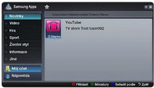 Samsung Apps Novinky Video Hra Sport Životni styl Informace Jiné Můj účet Nápovéda Dopuzukovo Nejelodnamišky Poblacu Nážava YouTube TV store Test User002 Zderna Přihlásit Miniatury Sefacit podle Zpět