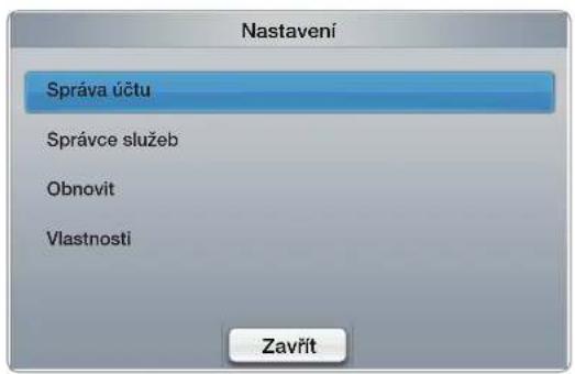Nastavení Správa účtu Správce služeb Obnovit Vlastnosti Zavřit
