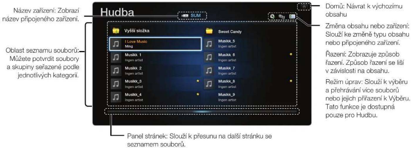 Název zařízení: Zobrazi název připojeného zařízení. Hudba SUM Vyšší složka I Love Music Ming Sweet Candy Musikk_5 Ingen artist Musikk_6 Ingen artist Musikk_7 Ingen artist Musikk_8 Ingen artist Musikk_4 Ingen artist Musikk_3 Ingen artist Musikk_9 Ingen artist Oblast seznamu souborů: Můžete potvrdit soubory a skupiny seřazené podle jednotlivých kategorii. Domů: Návrat k výchozímu obsahu Změna obsahu nebo zařízení: Slouží ke změně typu obsahu nebo připojeného zařízení. Řazení: Zobrazuje způsob řazení. Způsob řazení se liší v závislosti na obsahu. Režim úprav: Slouží k výběru a přehrávání více souborů nebo jejich přírazení k Výběru. Tato funkce je dostupná pouze pro Hudbu. Panel stránek: Slouží k přesunu na další stránku se seznamem souborů.