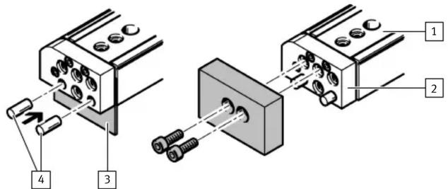 Technical diagram showing assembly steps of a mechanical component with numbered parts and labeled parts 1, 2, 3, 4.