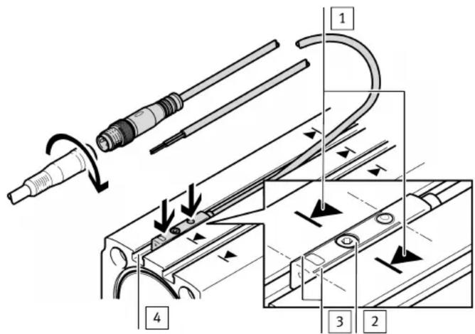 Technical diagram showing mechanical assembly steps with numbered components and directional arrows indicating motion or movement.