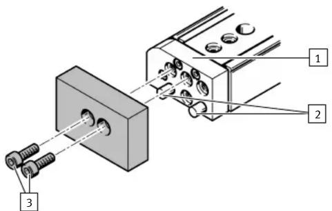 Technical diagram showing assembly of a mechanical component with labeled parts 1, 2, and 3