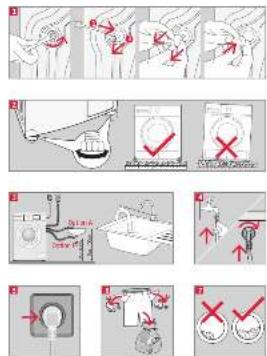 Illustrated guide showing a hand holding a bag with red arrows indicating action steps, including cleaning, washing, and cleaning tools.