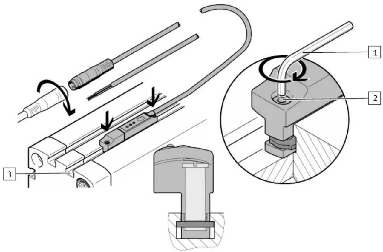 Technical diagram illustrating a mechanical assembly with labeled parts and directional arrows indicating motion or assembly steps.