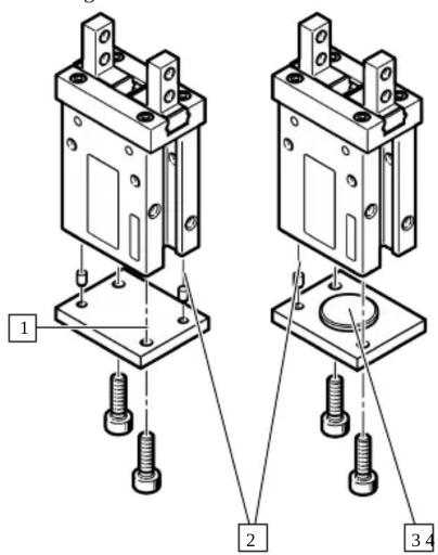 Technical diagram showing two mechanical assembly setups with numbered components and bolted connections