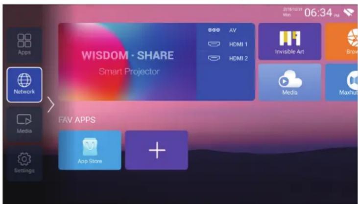WISDOM·SHARE Smart Projector AV HDMI 1 HDMI 2 Invisible Art Media Maxhula FAV APPS App Store +