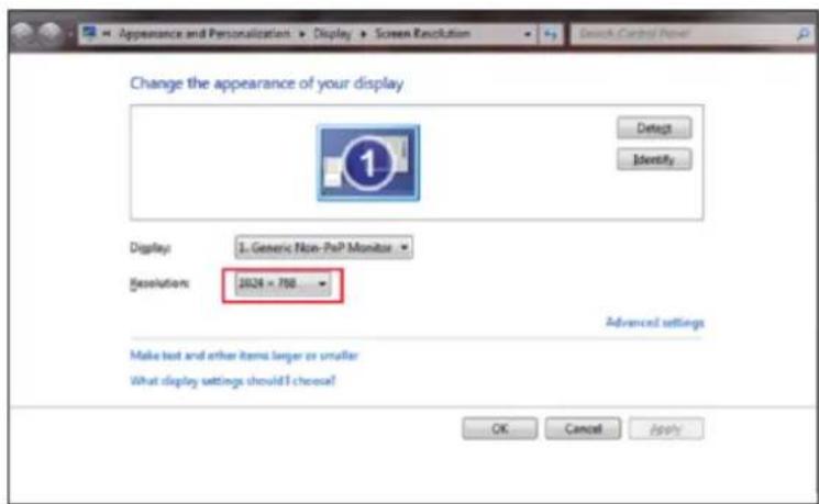Appearance and Personalization ▶ Display ▶ Screen Resolution Change the appearance of your display Detect Identify Display: 1. Generic Non-PoP Monitor Exsolution: 2024 = 798 Advanced settings Make text and other items larger or smaller What display settings should I choose! OK Cancel Apply