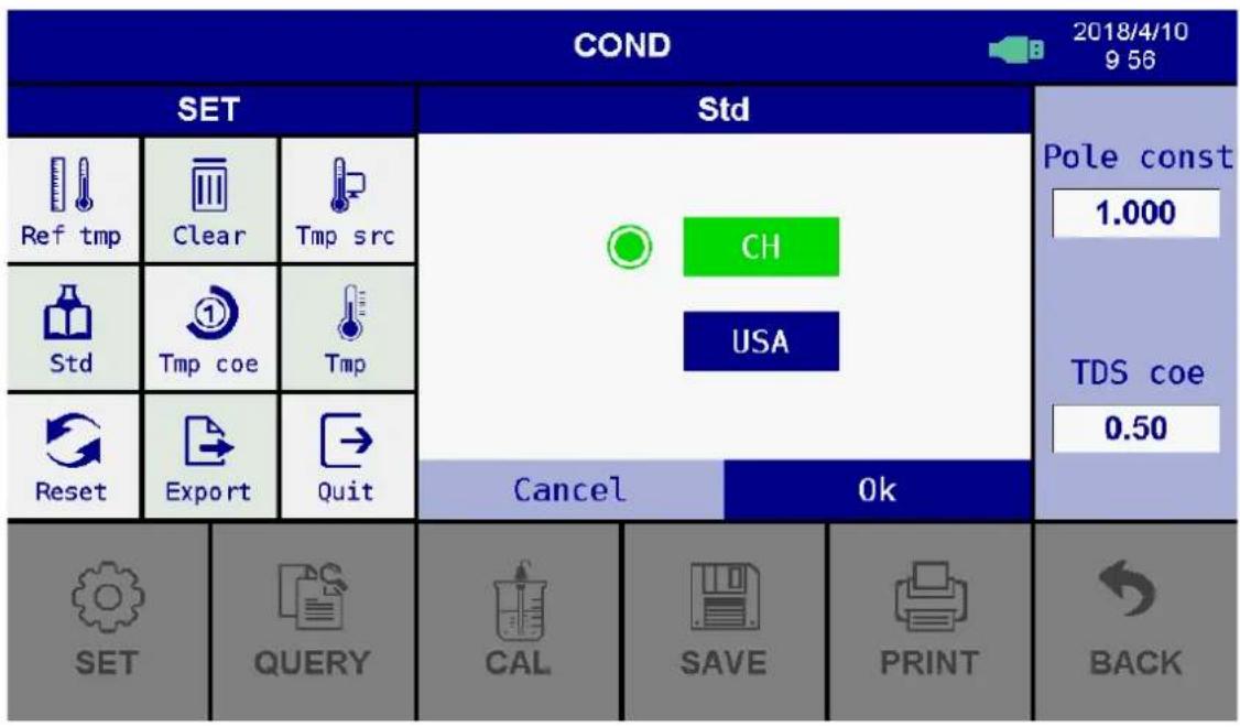 COND 2018/4/10 9 56 SET Std Pole const 1.000 TDS coe 0.50 Ref tmp Clear Tmp src CH USA Std Tmp coe Tmp Reset Export Quit Cancel Ok SET QUERY CAL SAVE(PRINT) BACK