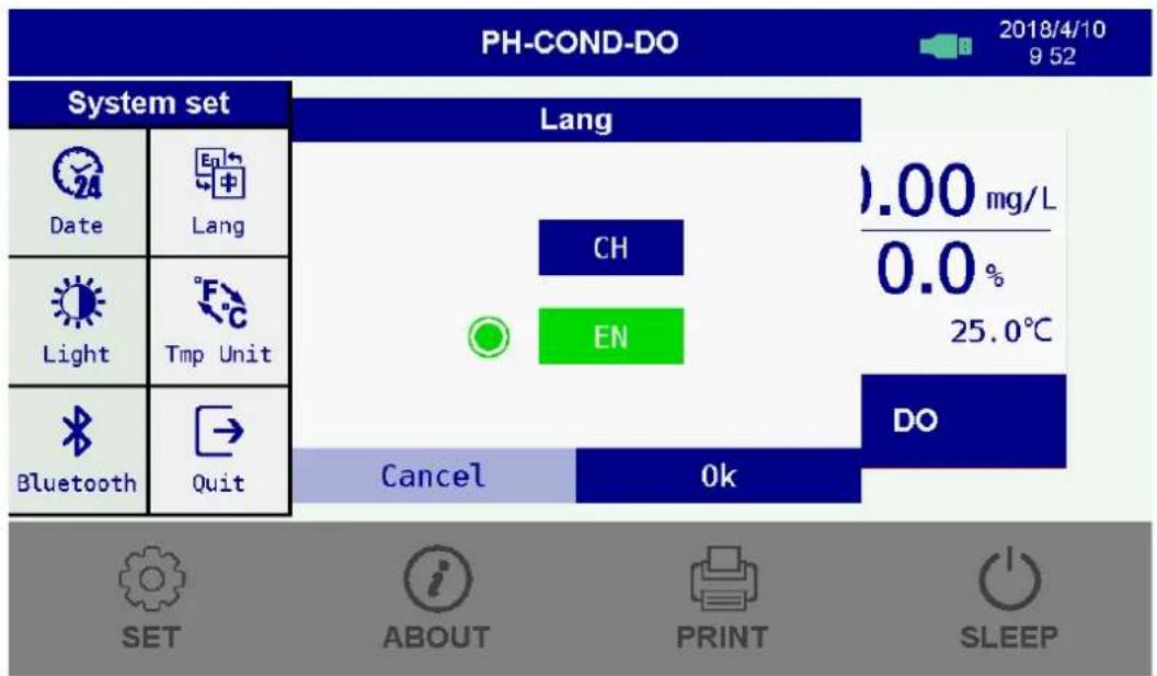 PH-COND-DO 2018/4/10 9 52 System set Lang .00 mg/L 0.0% 25.0°C CH EN DO Cancel Ok SET ABOUT PRINT SLEEP