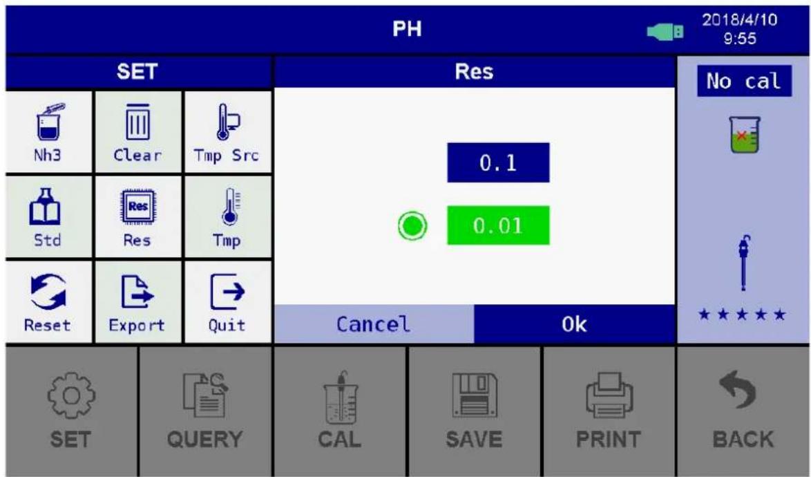 PH 2018/4/10 9:55 SET Res No cal Nh3 Clear Tmp Src 0.1 0.01 Std Res Tmp Reset Export Quit Cancel Ok ★★★★★ SET QUERY CAL SAVE PRINT BACK