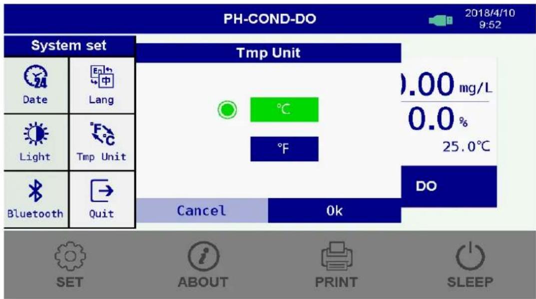 PH-COND-DO 2018/4/10 9:52 System set Temp Unit .00 mg/L 0.0 % 25.0°C Date Lang Light Temp Unit Bluetooth Quit Cancel OK DO SET ABOUT PRINT SLEEP