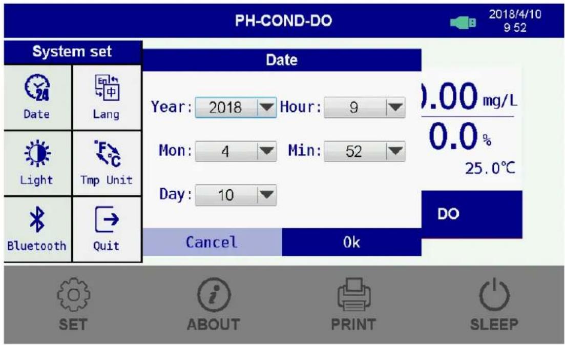 PH-COND-DO 2018/4/10 9:52 System set Date Year: 2018 Hour: 9 .00 mg/L Mon: 4 Min: 52 0.0% Day: 10 25.0℃ DO Cancel 0k SET ABOUT PRINT SLEEP