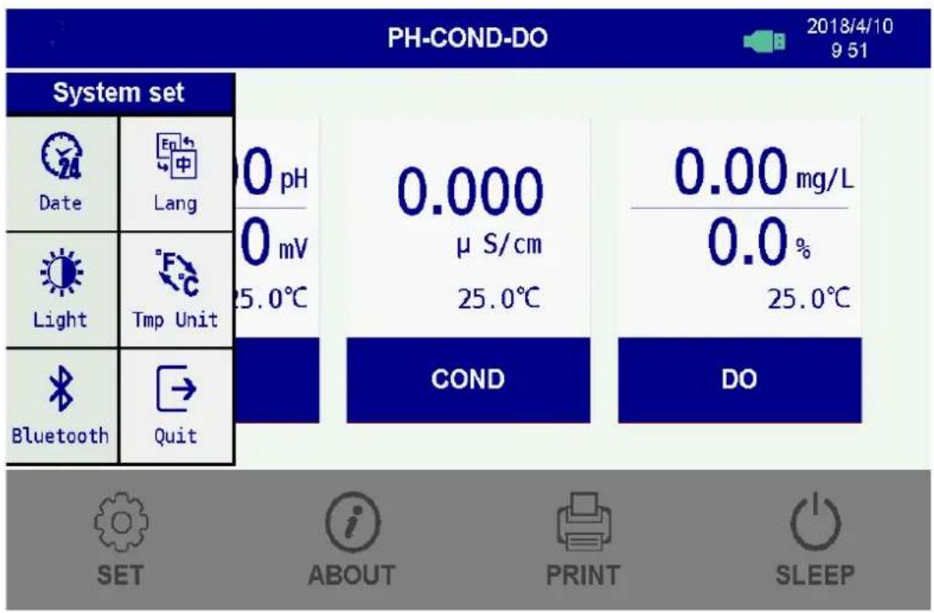 PH-COND-DO 2018/4/10 9 51 System set Date Lang 0 pH 0 mV 25.0°C 0.000 μ S/cm 25.0°C 0.00 mg/L 0.0 % 25.0°C Light Temp Unit Bluetooth Quit COND DO SET ABOUT PRINT SLEEP