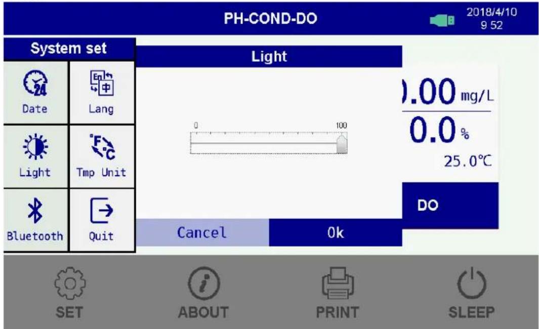 PH-COND-DO 2018/4/10 9 52 System set Light Date Lang 0 100 .00 mg/L 0.0% 25.0°C Light Temp Unit Bluetooth Quit Cancel OK DO SET ABOUT PRINT SLEEP