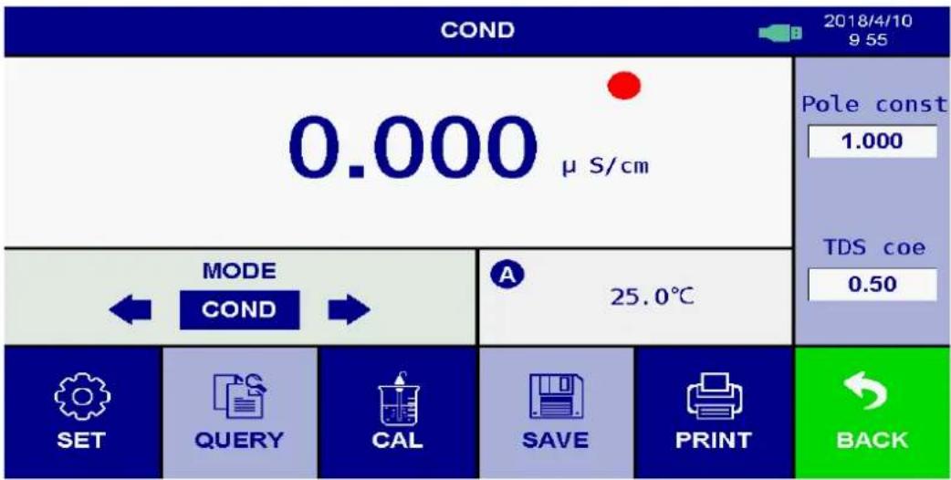 COND 2018/4/10 9:55 0.000 µ S/cm Pole const 1.000 TDS coe 0.50 MODE COND A 25.0°C SET QUERY CAL SAVE PRINT BACK