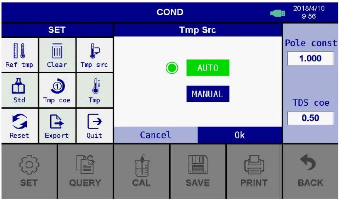 COND 2018/4/10 9 56 SET Tmp Src Pole const Ref tmp Clear Tmp src AUTO MANUAL 1.000 Std Tmp coe Tmp TDS coe Reset Export Quit Cancel Ok 0.50 SET QUERY CAL SAVE(PRINT) BACK
