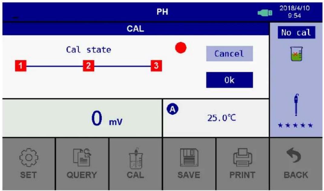 PH 2018/4/10 9:54 CAL Cal state Cancel Ok No cal 0 mV A 25.0°C SET QUERY CAL SAVE PRINT BACK