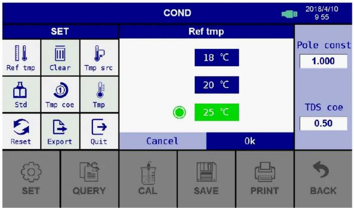 COND 2018/4/10 9 55 SET Ref tmp Pole const 1.000 Std Temp coe Temp 20 °C 25 °C TDS coe 0.50 Reset Export Quit Cancel Ok SET QUERY CAL SAVE PRINT BACK