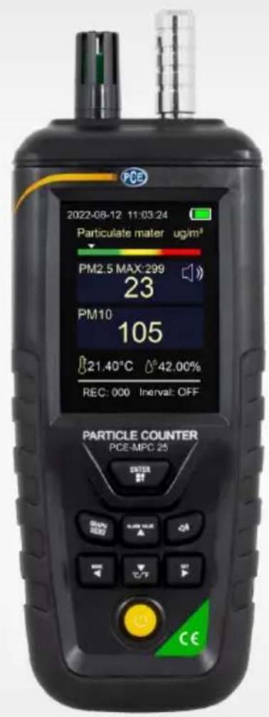 PCE 2022-08-12 11:03:24 Particulate mater ug/m³ PM2.5 MAX:299 23 PM10 105 21.40°C 42.00% REC: 000 Inval: OFF PARTICLE COUNTER PCE-MPC 25 EXTRA SET GLOW RED COOKING ITEMS OFF T/C M CE