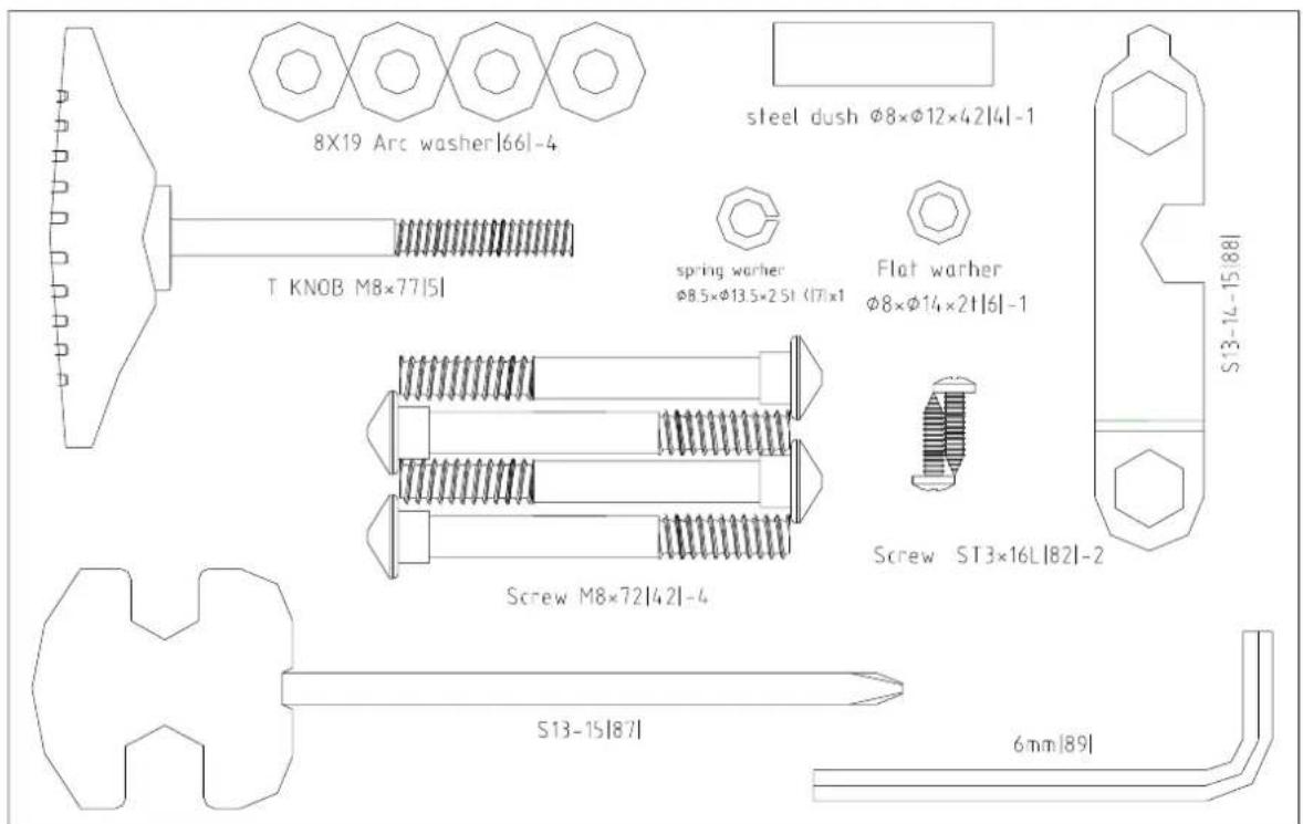 8X19 Arc washer|66|-4 steel dush φ8×φ12×42|4|-1 T KNOB M8×77|5| spring warmer φ8.5×φ13.5×2 St |17|x1 Flat warmer φ8×φ14×2|6|-1 Screw ST3×16L|82|-2 S13-15|87| 6mm|89|