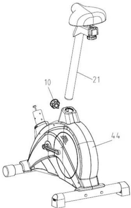 Technical diagram of a stationary exercise machine with labeled parts including 10, 21, and 44