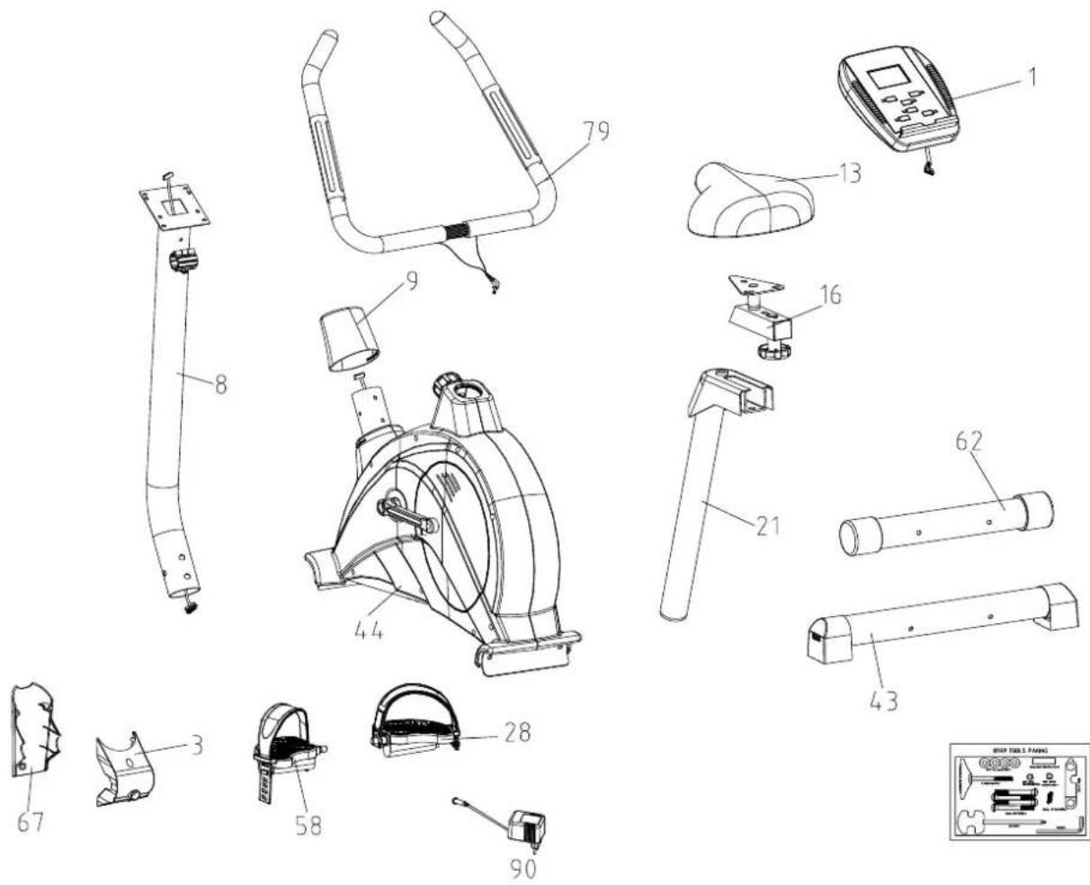Exploded diagram of a mobility device with numbered parts, including leg, seat, and camera module