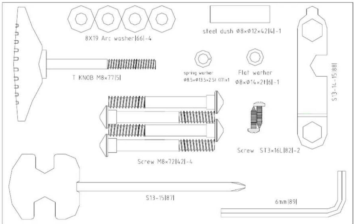 8X19 Arc washer|66|-4 steel dush φ8×φ12×42|4|-1 T KNOB M8×77|5| spring warmer φ8.5×φ13.5×2.5| (17|x1) Flat warmer φ8×φ14×21|6|-1 Screw ST3×16L|82|-2 S13-15|87| 6mm|89|